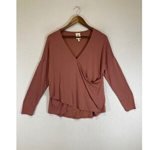 Boho Self Esteem Womens Large Terracotta Faux Wrap Long Sleeve Modal Top